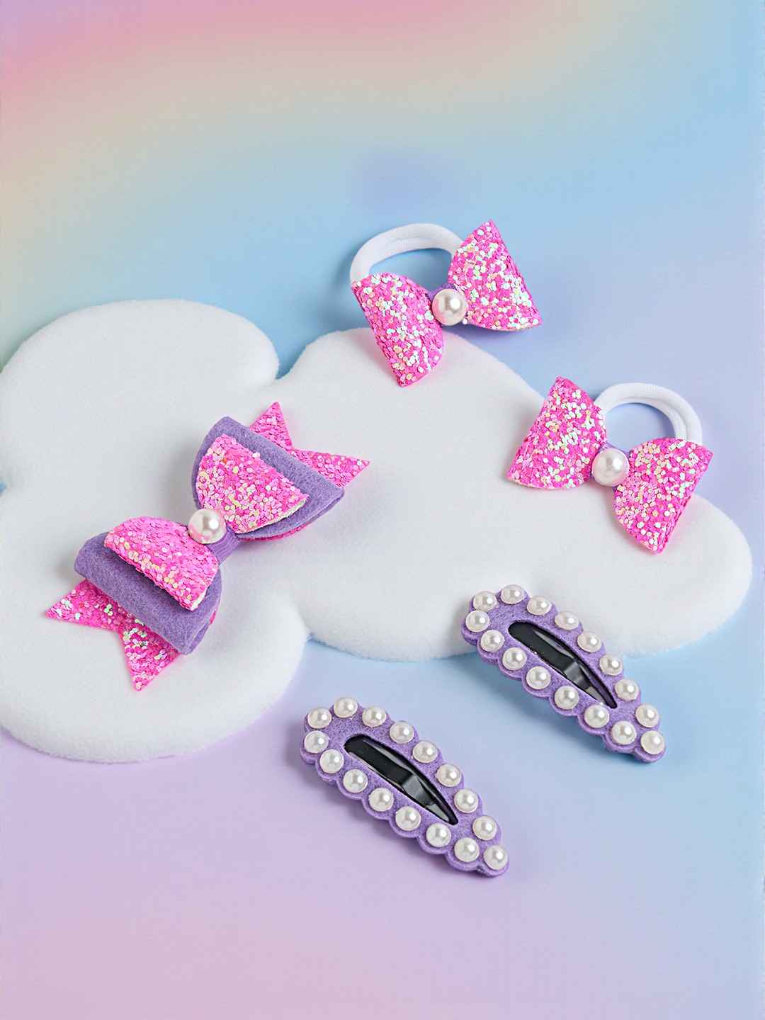 Free Size Glitter Rubber Bands Bow and Bow hair clips Pack of 5 - Pink, Purple