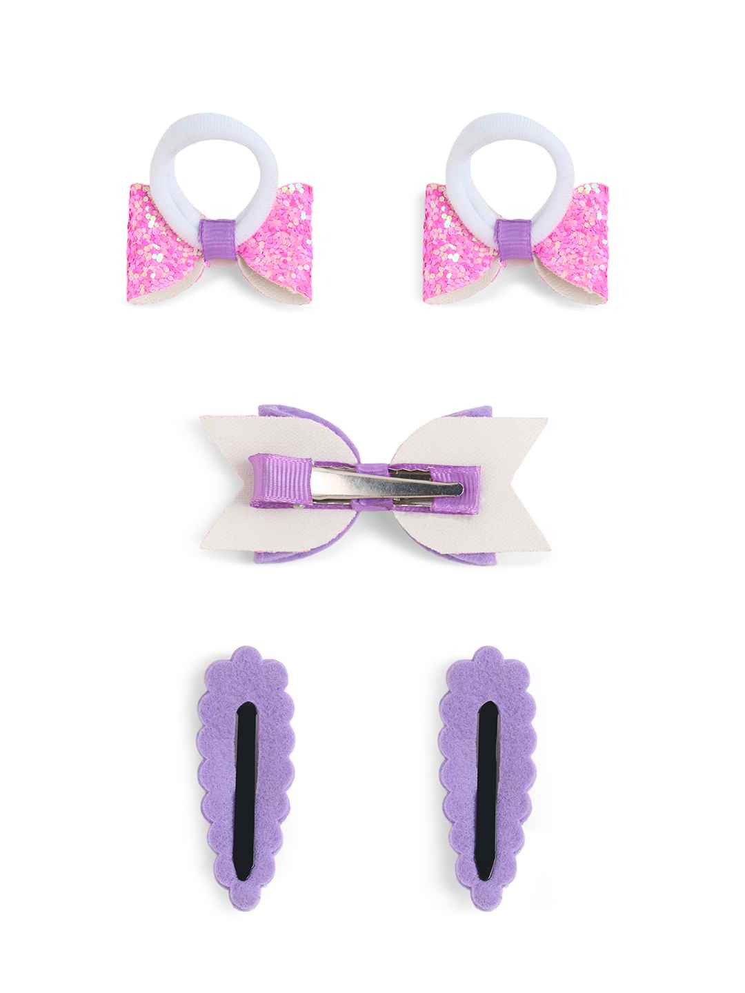 Free Size Glitter Rubber Bands Bow and Bow hair clips Pack of 5 - Pink, Purple