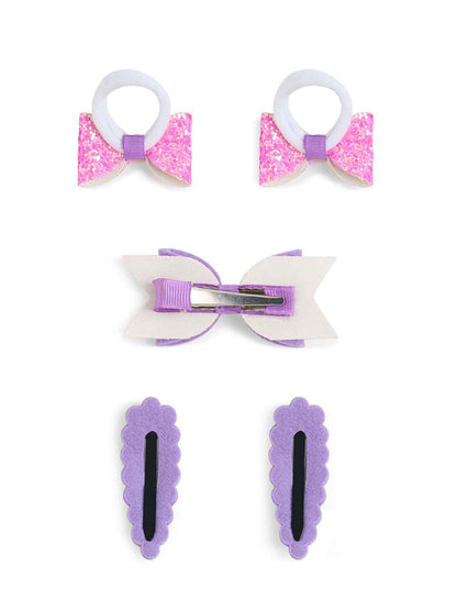 Free Size Glitter Rubber Bands Bow and Bow hair clips Pack of 5 - Pink, Purple