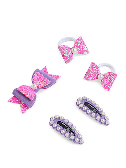 Free Size Glitter Rubber Bands Bow and Bow hair clips Pack of 5 - Pink, Purple