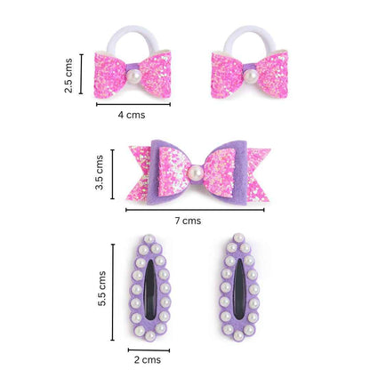 Free Size Glitter Rubber Bands Bow and Bow hair clips Pack of 5 - Pink, Purple