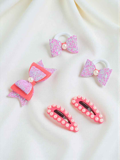 Free Size Glitter Rubber Bands Bow and Bow hair clips Pack of 5 - Purple, Pink