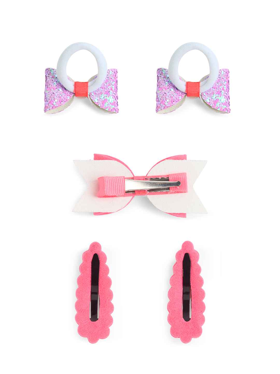 Free Size Glitter Rubber Bands Bow and Bow hair clips Pack of 5 - Purple, Pink