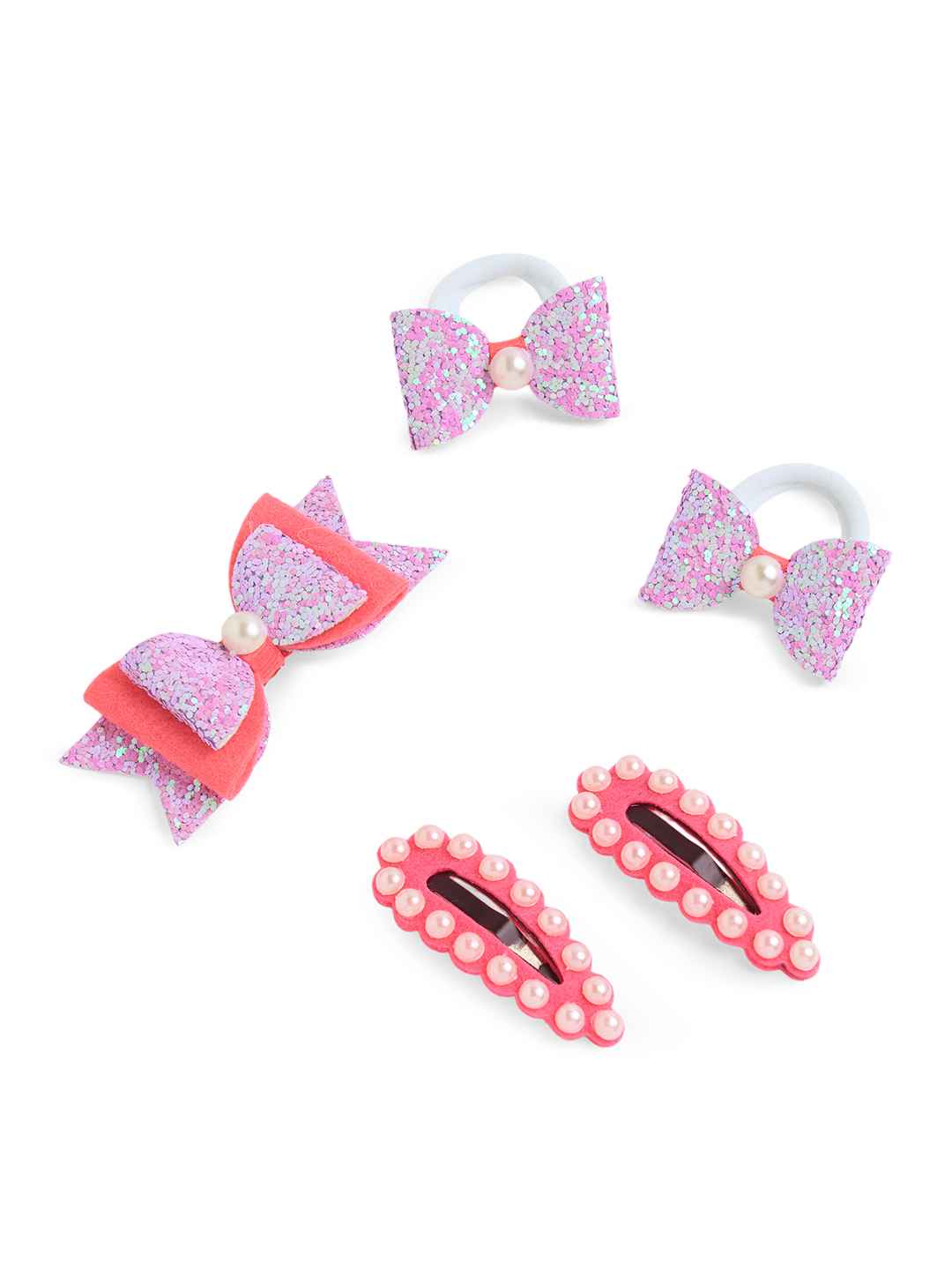 Free Size Glitter Rubber Bands Bow and Bow hair clips Pack of 5 - Purple, Pink