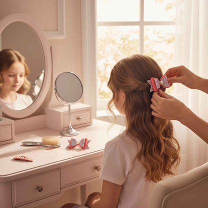 Free Size Glitter Rubber Bands Bow and Bow hair clips Pack of 5 - Purple, Pink