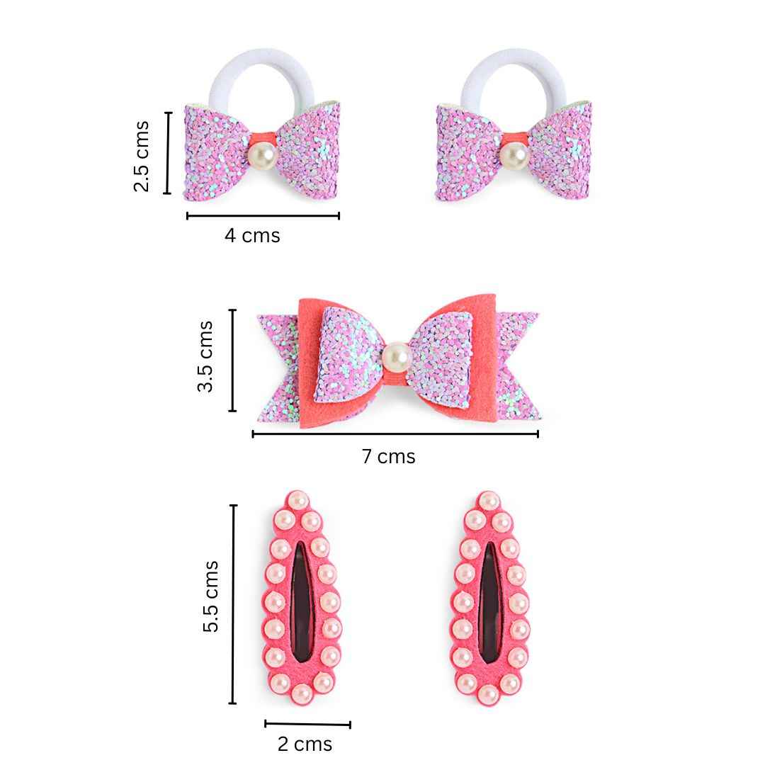 Free Size Glitter Rubber Bands Bow and Bow hair clips Pack of 5 - Purple, Pink
