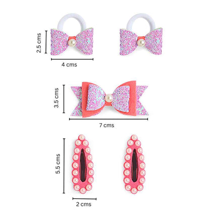 Free Size Glitter Rubber Bands Bow and Bow hair clips Pack of 5 - Purple, Pink