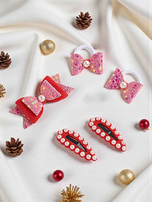 Christmas  Free Size Glitter Rubber Bands Bow and Bow hair clips Pack of 5 - Red