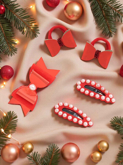 Christmas  Free Size Glitter Rubber Bands Bow and Bow hair clips Pack of 5 - Red