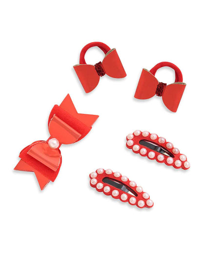 Christmas  Free Size Glitter Rubber Bands Bow and Bow hair clips Pack of 5 - Red