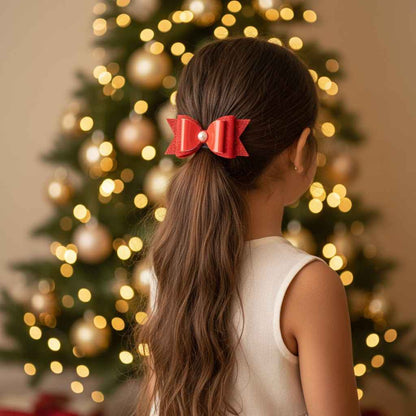 Christmas  Free Size Glitter Rubber Bands Bow and Bow hair clips Pack of 5 - Red