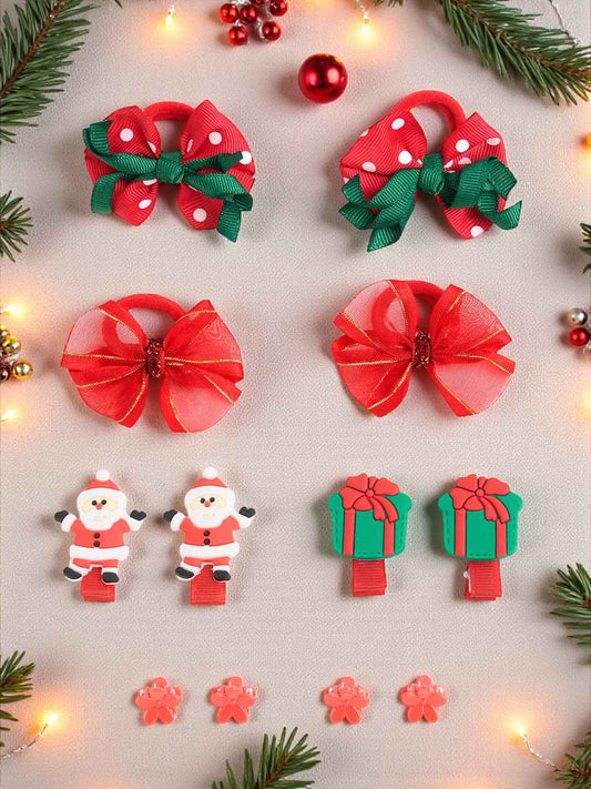 Christmas Pack of 12 Free Size Rubber Bands, Polka dotted designed hair clutchers and Bow Hair Clips - Red, Green