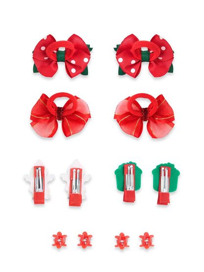 Christmas Pack of 12 Free Size Rubber Bands, Polka dotted designed hair clutchers and Bow Hair Clips - Red, Green