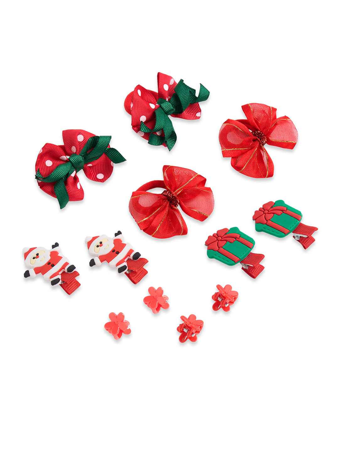 Christmas Pack of 12 Free Size Rubber Bands, Polka dotted designed hair clutchers and Bow Hair Clips - Red, Green
