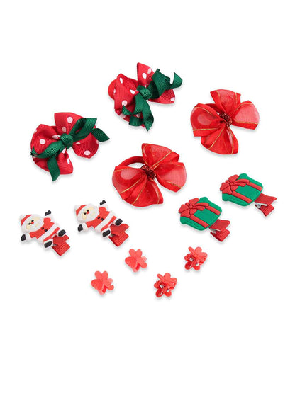 Christmas Pack of 12 Free Size Rubber Bands, Polka dotted designed hair clutchers and Bow Hair Clips - Red, Green
