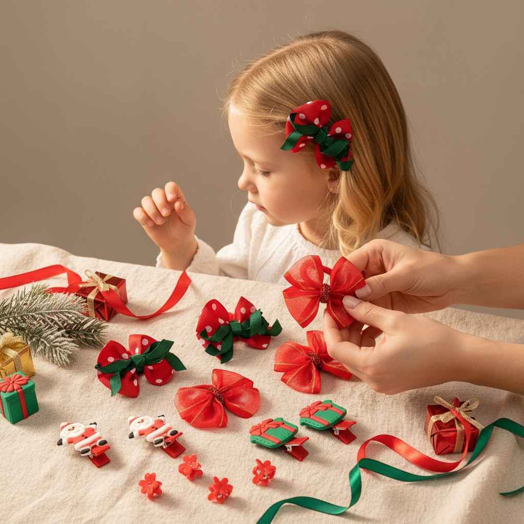 Christmas Pack of 12 Free Size Rubber Bands, Polka dotted designed hair clutchers and Bow Hair Clips - Red, Green