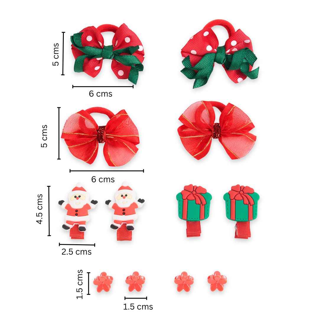 Christmas Pack of 12 Free Size Rubber Bands, Polka dotted designed hair clutchers and Bow Hair Clips - Red, Green