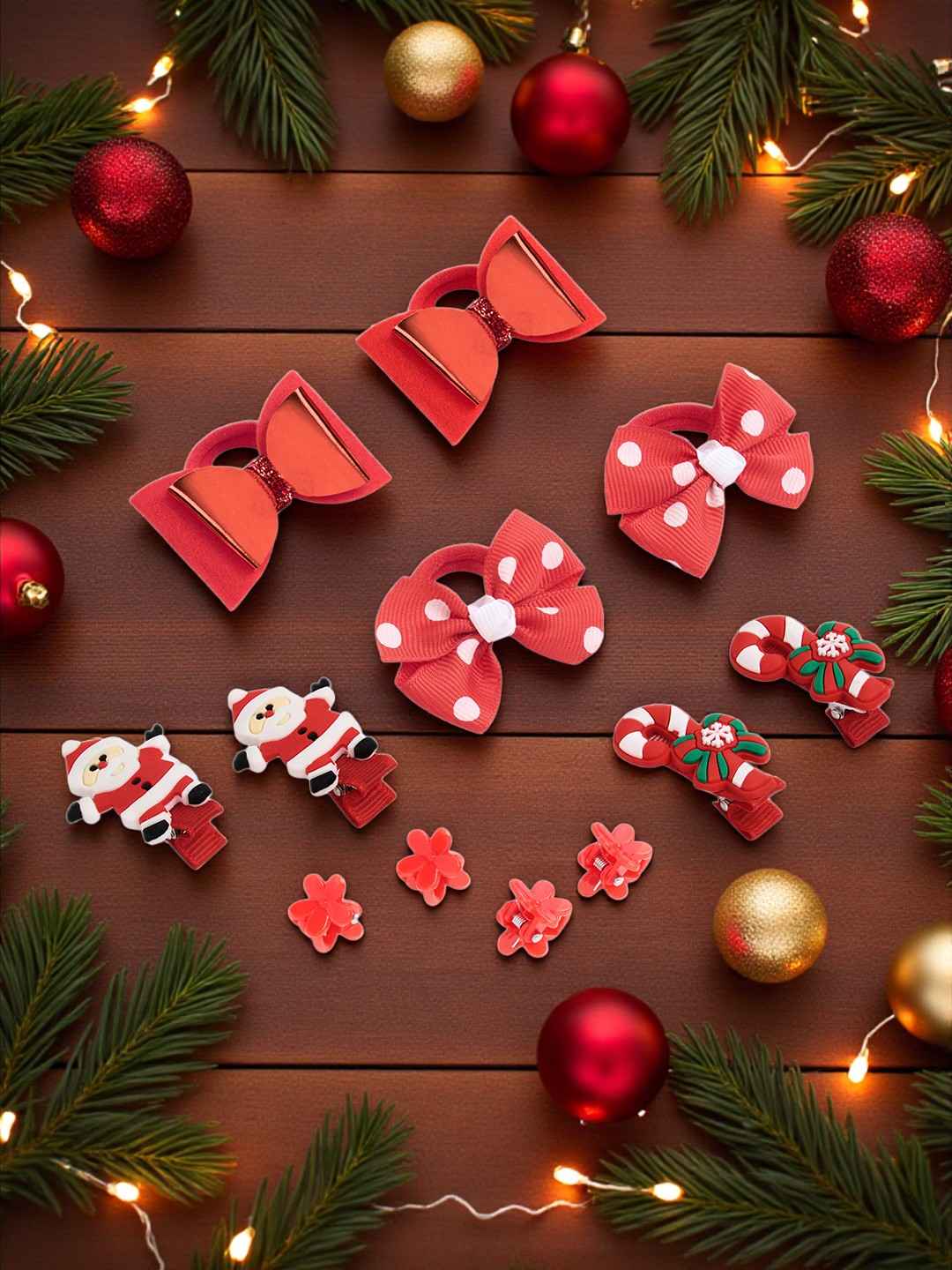 Christmas Pack of 12 Free Size Rubber Bands, Polka dotted designed hair clutchers and Bow Hair Clips - Red, Green