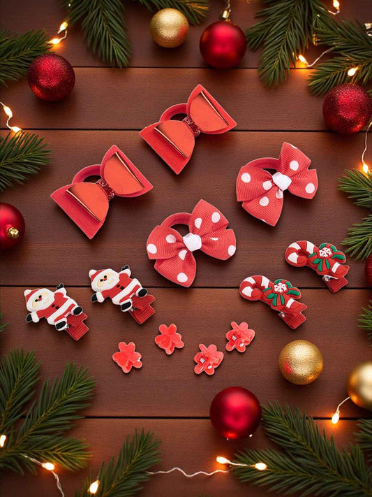 Christmas Pack of 12 Free Size Rubber Bands, Polka dotted designed hair clutchers and Bow Hair Clips - Red, Green