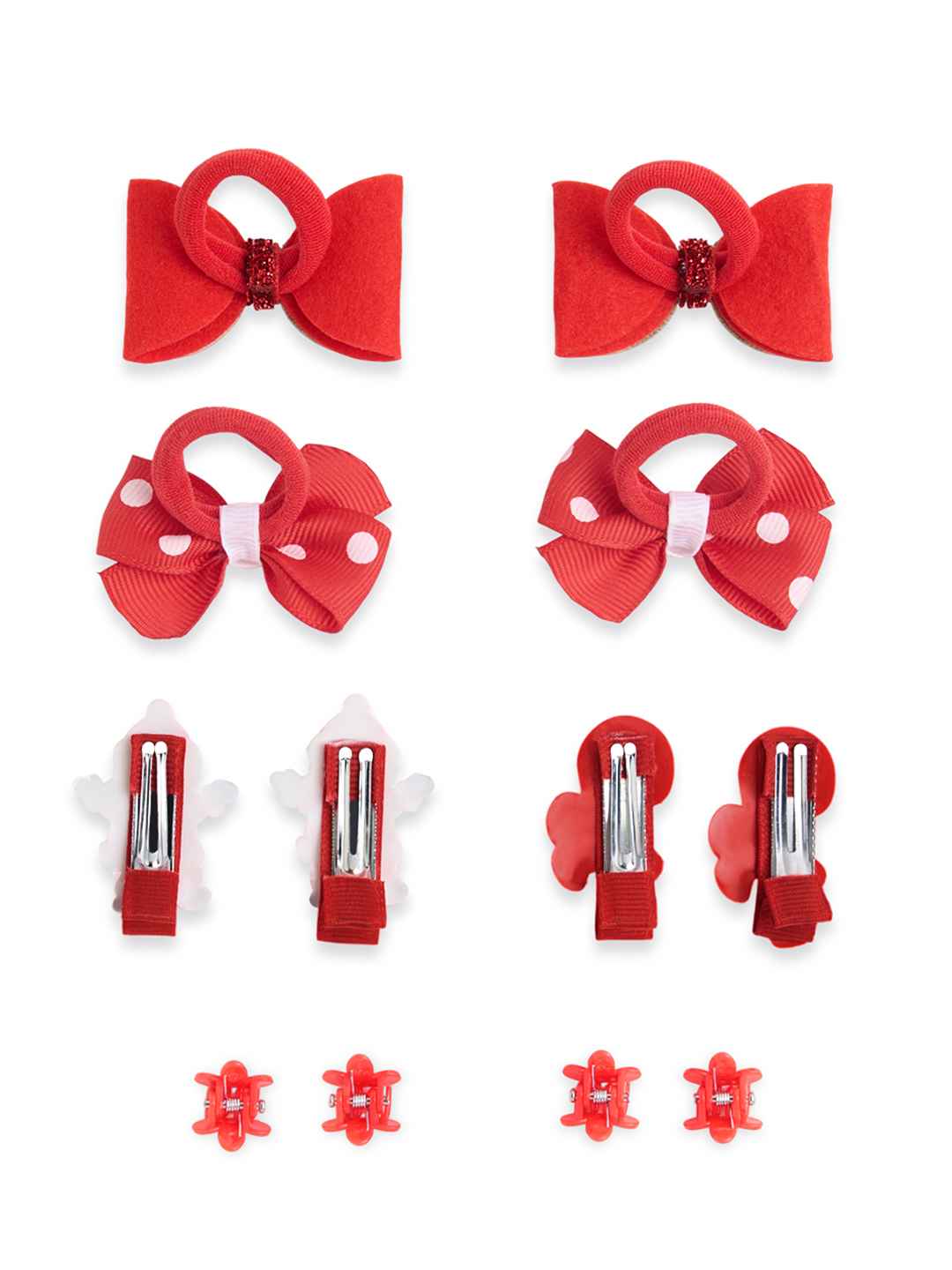 Christmas Pack of 12 Free Size Rubber Bands, Polka dotted designed hair clutchers and Bow Hair Clips - Red, Green