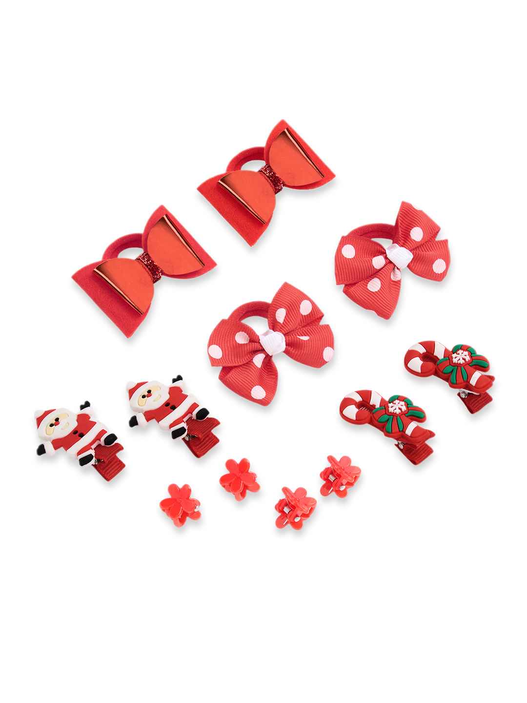 Christmas Pack of 12 Free Size Rubber Bands, Polka dotted designed hair clutchers and Bow Hair Clips - Red, Green
