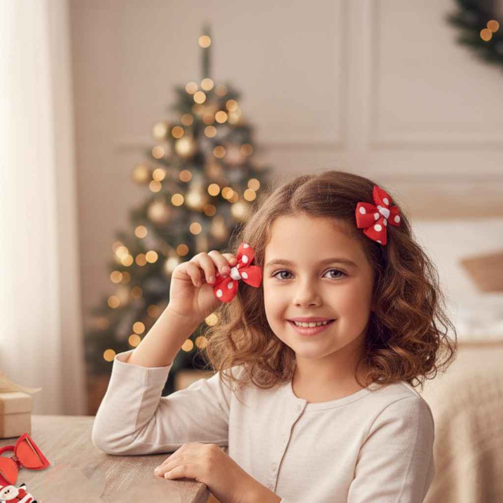 Christmas Pack of 12 Free Size Rubber Bands, Polka dotted designed hair clutchers and Bow Hair Clips - Red, Green