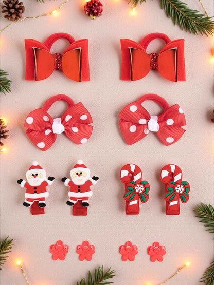 Christmas Pack of 12 Free Size Rubber Bands, Polka dotted designed hair clutchers and Bow Hair Clips - Red, Green