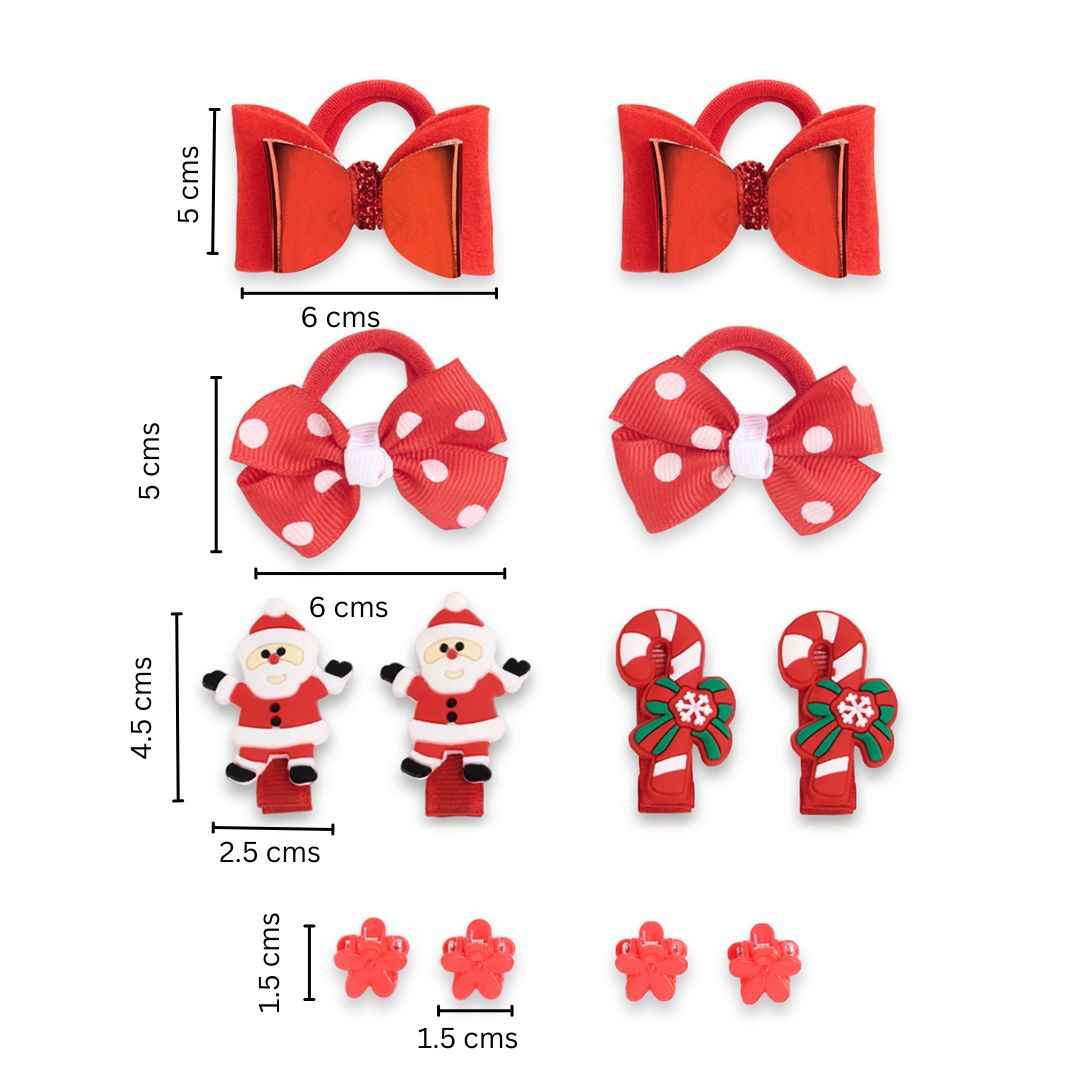 Christmas Pack of 12 Free Size Rubber Bands, Polka dotted designed hair clutchers and Bow Hair Clips - Red, Green