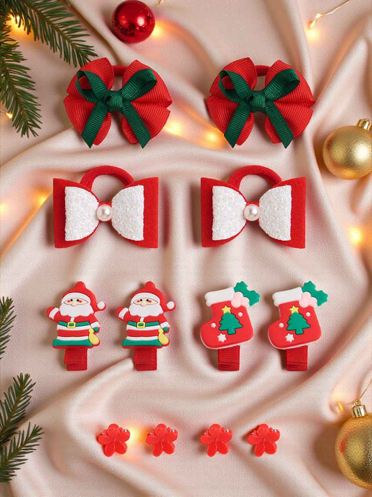Christmas Pack of 12 Free Size Rubber Bands, floral designed hair clutchers and Bow Hair Clips - White, Red