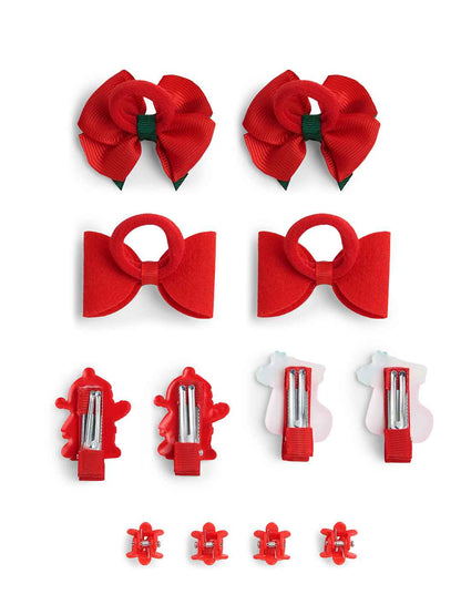 Christmas Pack of 12 Free Size Rubber Bands, floral designed hair clutchers and Bow Hair Clips - White, Red
