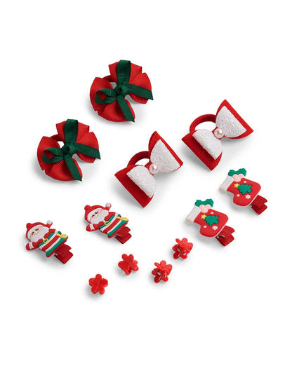 Christmas Pack of 12 Free Size Rubber Bands, floral designed hair clutchers and Bow Hair Clips - White, Red