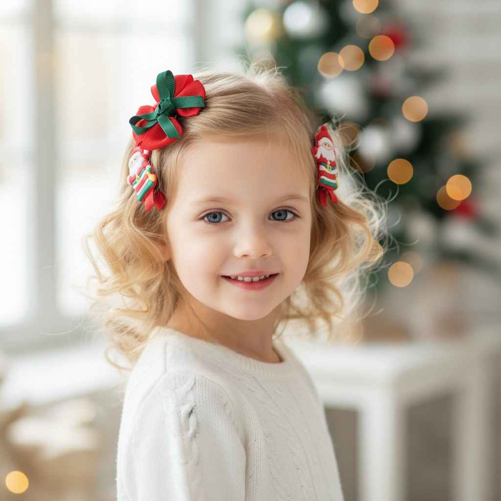 Christmas Pack of 12 Free Size Rubber Bands, floral designed hair clutchers and Bow Hair Clips - White, Red