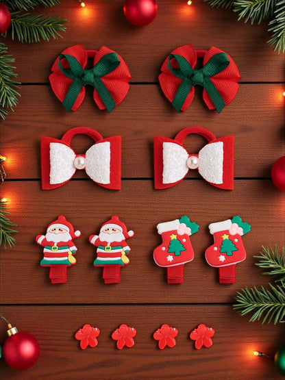 Christmas Pack of 12 Free Size Rubber Bands, floral designed hair clutchers and Bow Hair Clips - White, Red