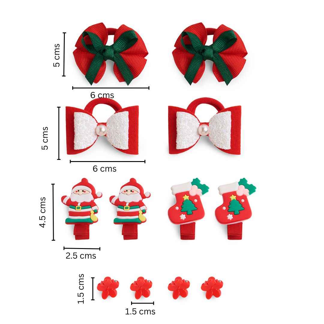 Christmas Pack of 12 Free Size Rubber Bands, floral designed hair clutchers and Bow Hair Clips - White, Red