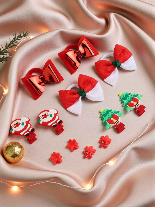 Christmas Pack of 12 Free Size Rubber Bands, floral designed hair clutchers and Bow Hair Clips - Red
