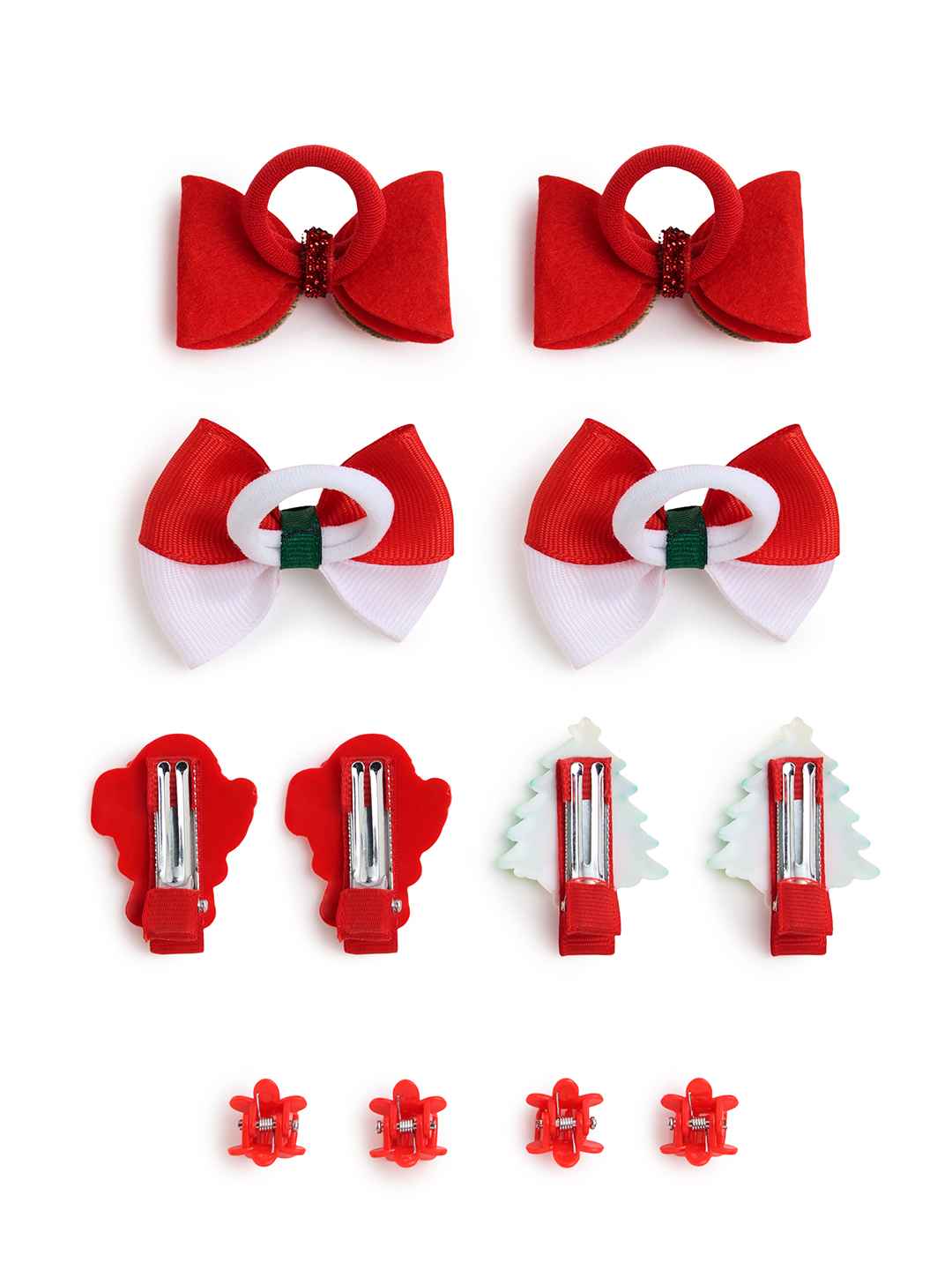 Christmas Pack of 12 Free Size Rubber Bands, floral designed hair clutchers and Bow Hair Clips - Red