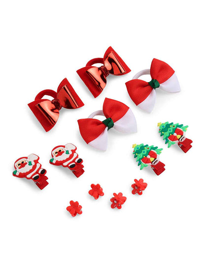 Christmas Pack of 12 Free Size Rubber Bands, floral designed hair clutchers and Bow Hair Clips - Red