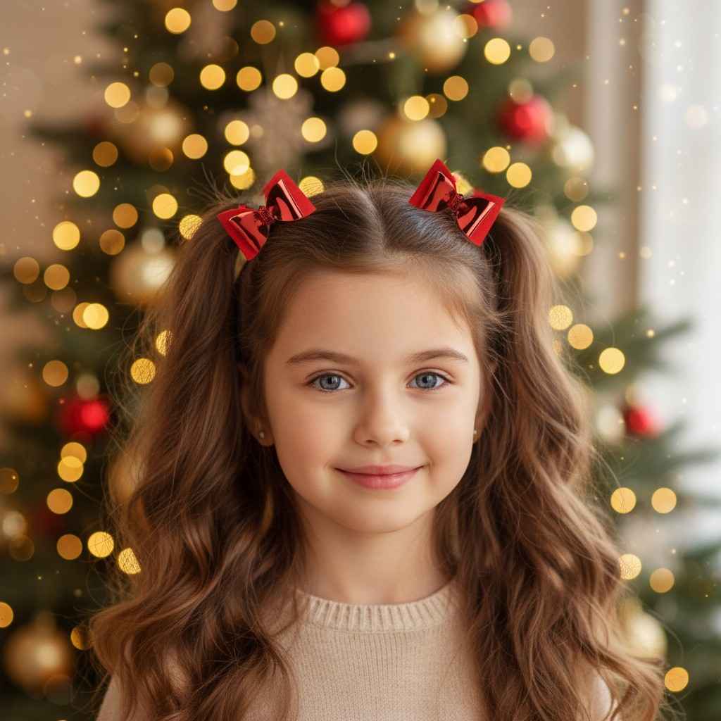 Christmas Pack of 12 Free Size Rubber Bands, floral designed hair clutchers and Bow Hair Clips - Red