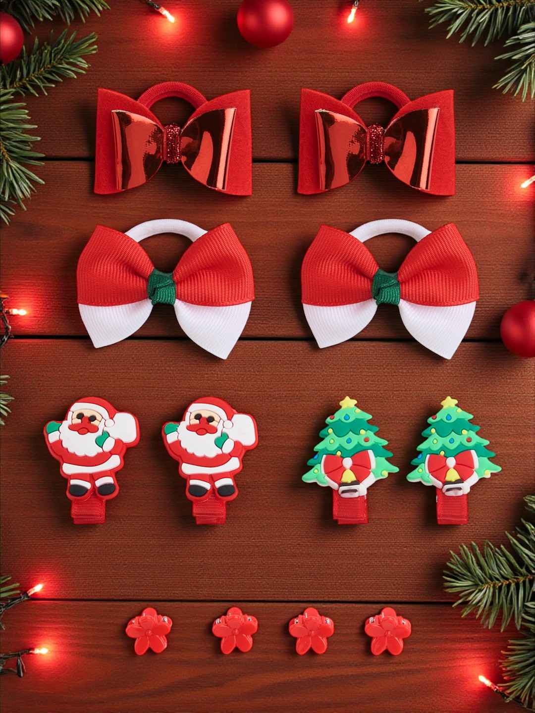 Christmas Pack of 12 Free Size Rubber Bands, floral designed hair clutchers and Bow Hair Clips - Red
