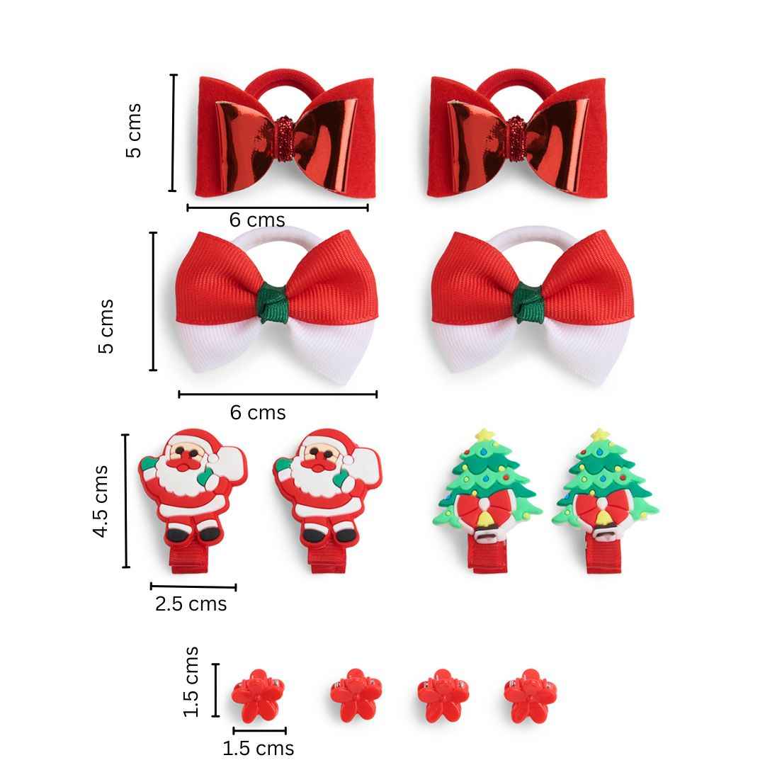 Christmas Pack of 12 Free Size Rubber Bands, floral designed hair clutchers and Bow Hair Clips - Red