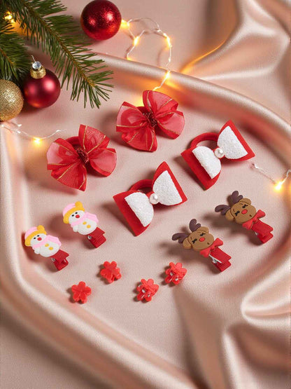Christmas Pack of 12 Free Size Rubber Bands, floral designed hair clutchers and Bow Hair Clips - Red, White