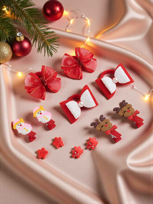 Christmas Pack of 12 Free Size Rubber Bands, floral designed hair clutchers and Bow Hair Clips - Red, White