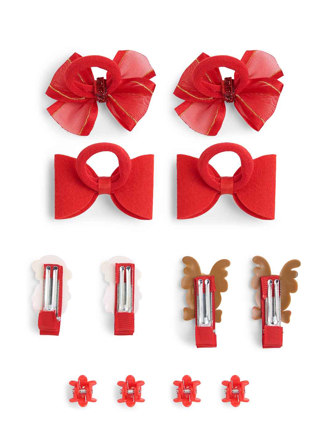 Christmas Pack of 12 Free Size Rubber Bands, floral designed hair clutchers and Bow Hair Clips - Red, White