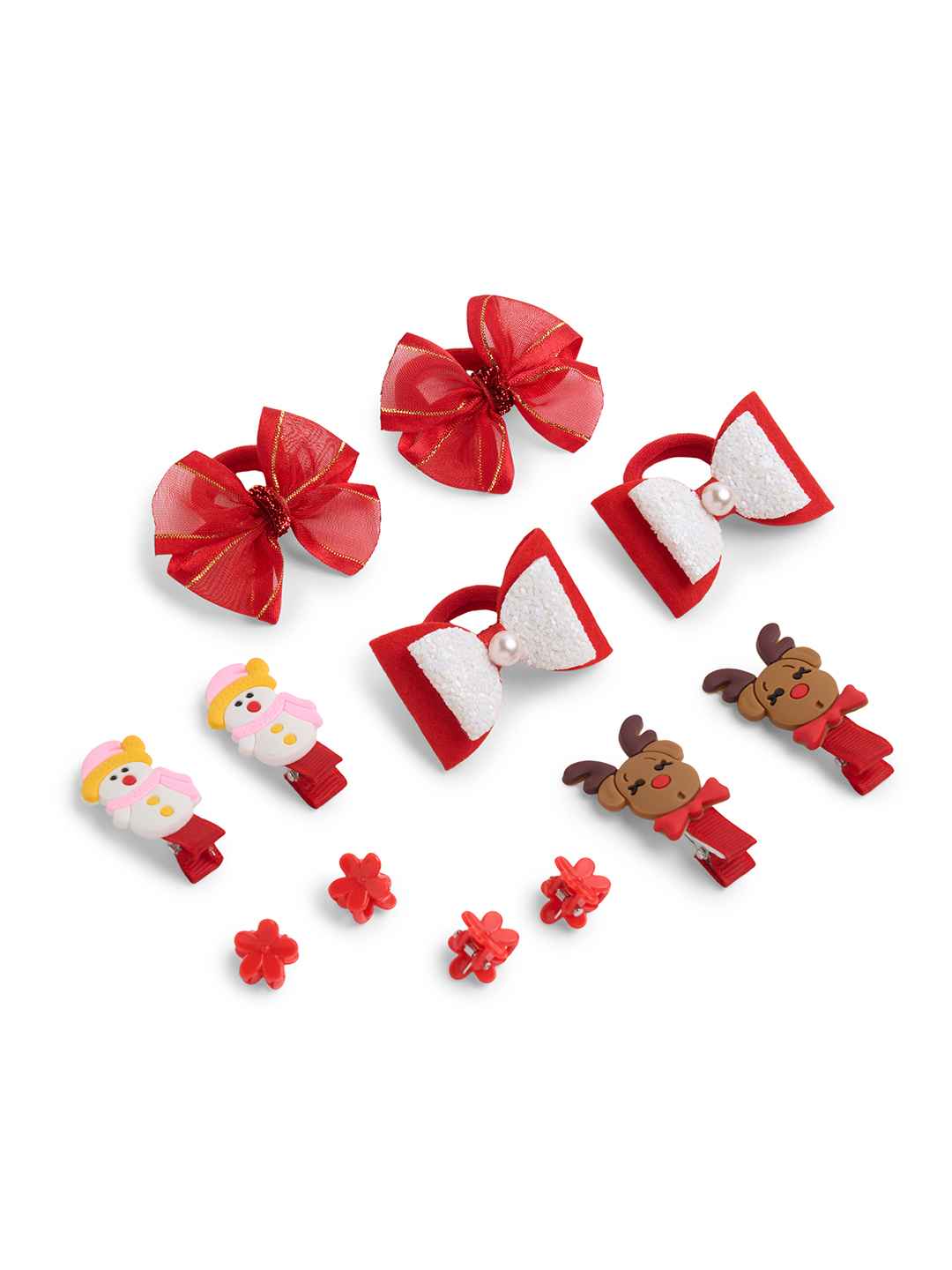 Christmas Pack of 12 Free Size Rubber Bands, floral designed hair clutchers and Bow Hair Clips - Red, White