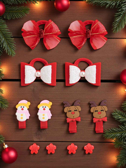 Christmas Pack of 12 Free Size Rubber Bands, floral designed hair clutchers and Bow Hair Clips - Red, White