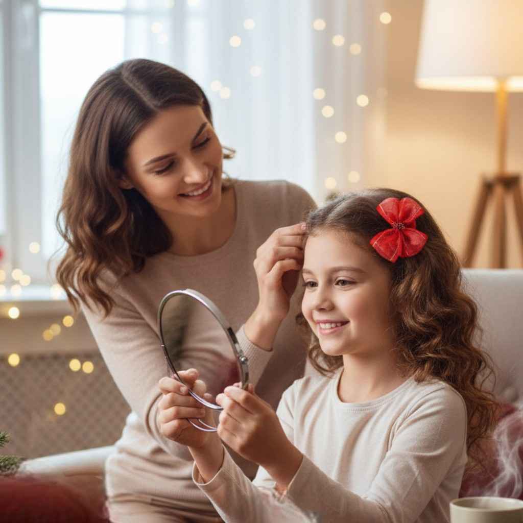 Christmas Pack of 12 Free Size Rubber Bands, floral designed hair clutchers and Bow Hair Clips - Red, White