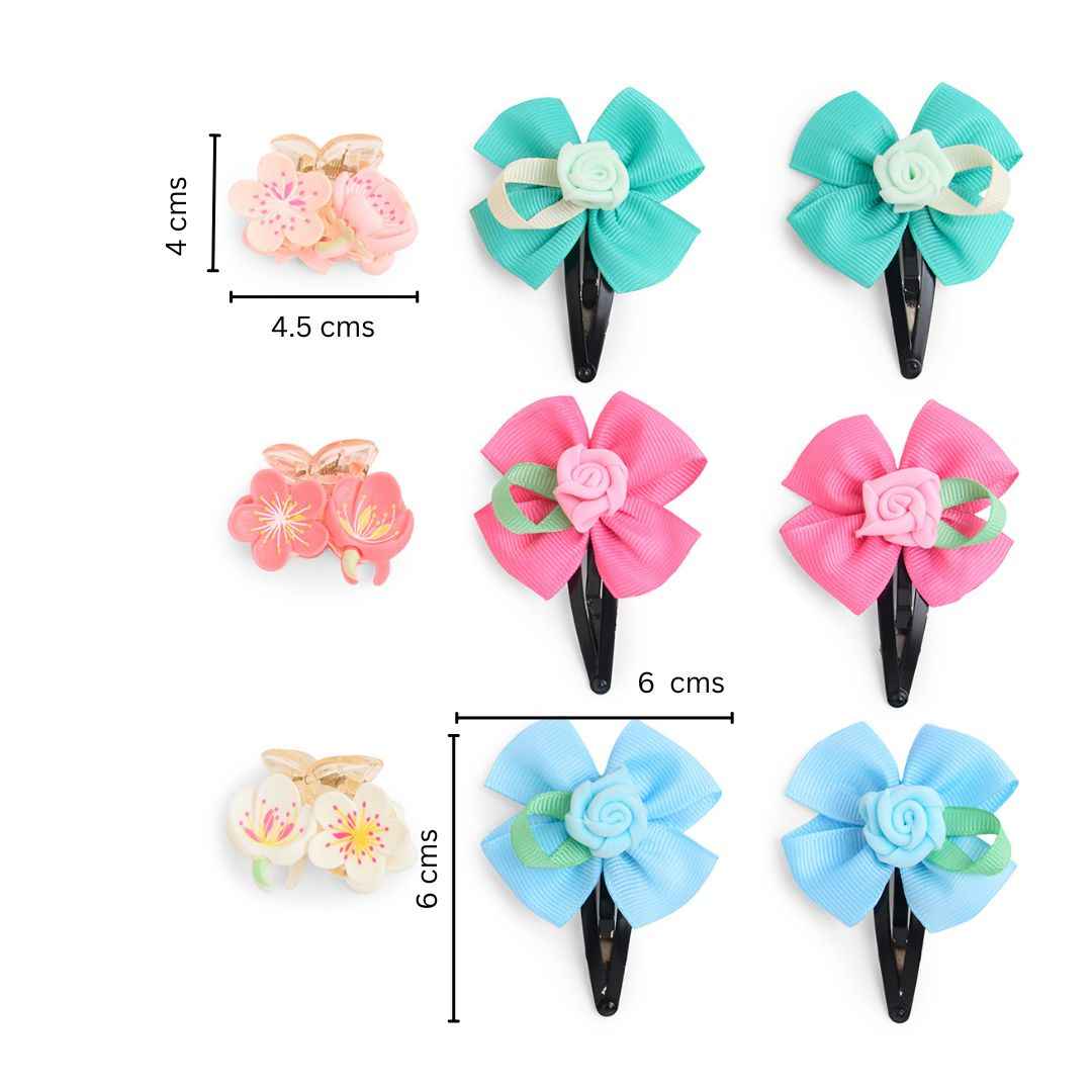 Pack of 9 Rose Flower Detailed Tic-tac Pins and flower Clutchers - Blue, Pink, Sea green