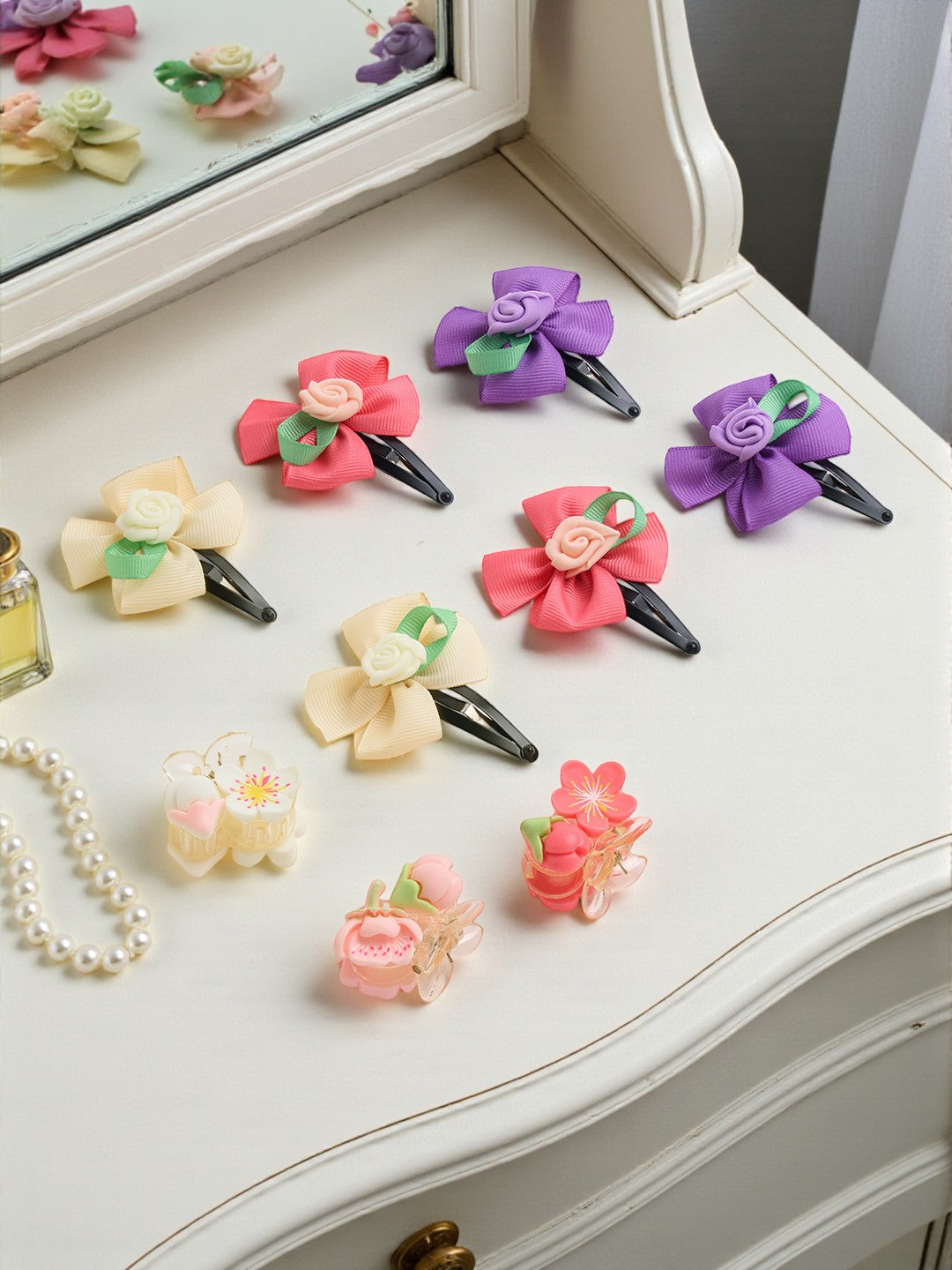 Pack of 9 Rose Flower Detailed Tic-tac Pins and flower Clutchers - Off white, Pink, Purple