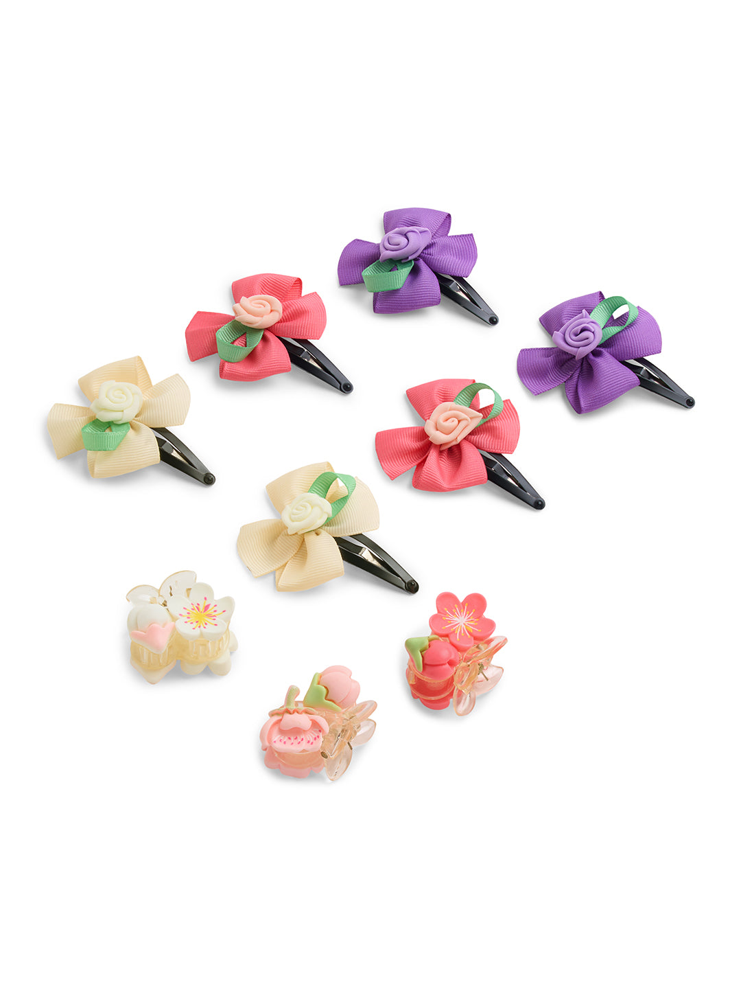 Pack of 9 Rose Flower Detailed Tic-tac Pins and flower Clutchers - Off white, Pink, Purple