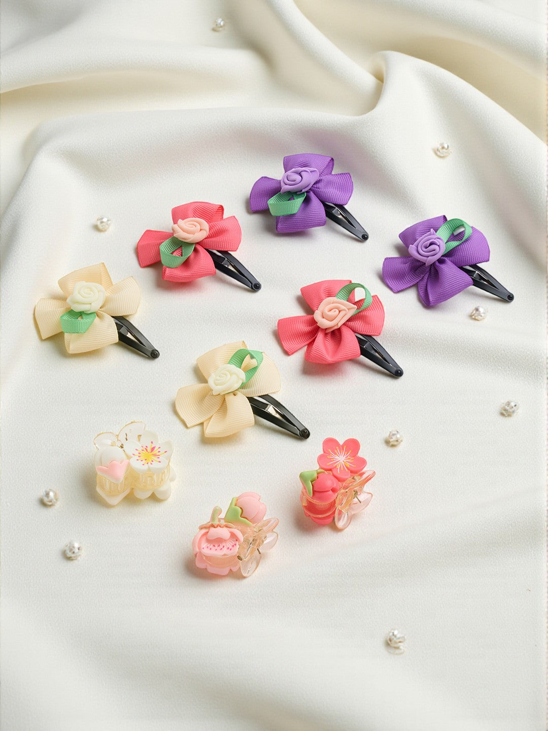 Pack of 9 Rose Flower Detailed Tic-tac Pins and flower Clutchers - Off white, Pink, Purple